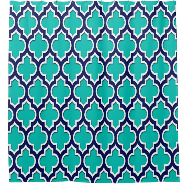 Teal Navy Blue White XL Moroccan #4DS Shower Curtain (Front)