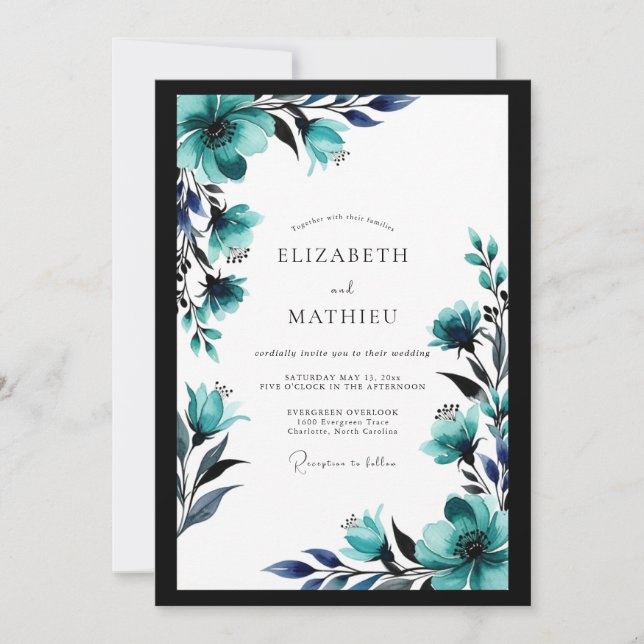 Teal Navy Brilliant Botanical Wedding Invitation (Front)