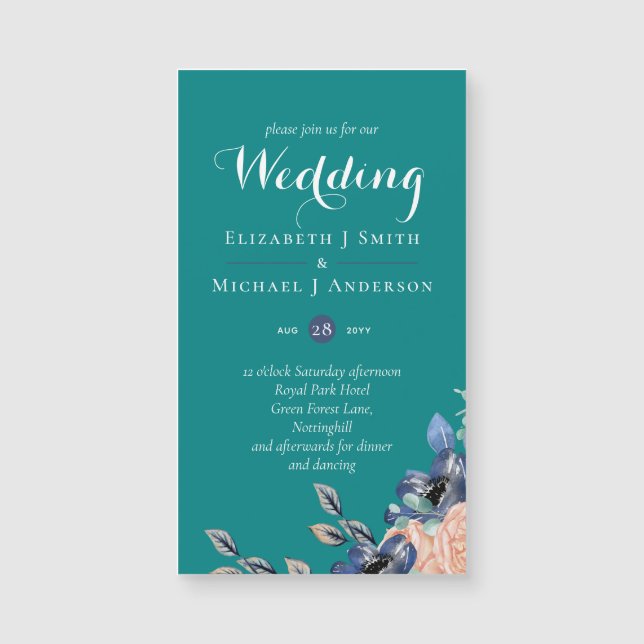 Teal Navy Coral Floral Budget Wedding Stationery (Front)