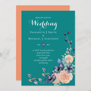 Teal Navy Coral Floral Budget Wedding Stationery