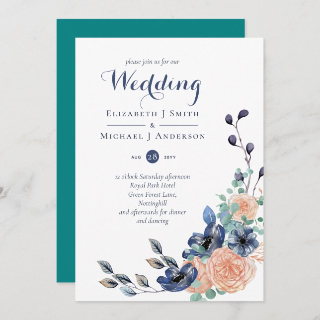 Teal Navy Coral Floral Budget Wedding Stationery (Front/Back)