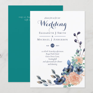 Teal Navy Coral Floral Budget Wedding Stationery