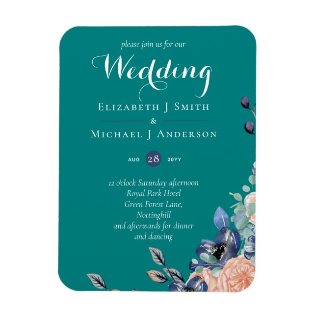 Teal Navy Coral Floral Budget Wedding Stationery Magnet (Vertical)