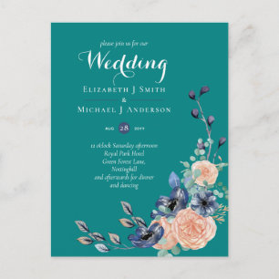 Teal Navy Coral Floral Budget Wedding Stationery Postcard