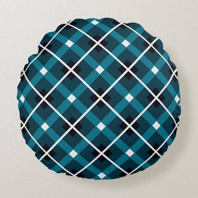 Teal & Navy Geometric Grid Pattern Round Cushion (Front)