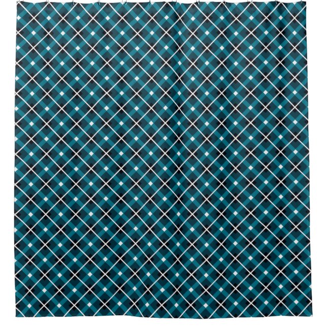 Teal & Navy Geometric Grid Pattern Shower Curtain (Front)