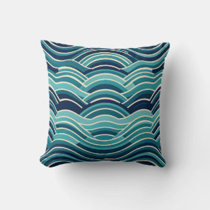 Teal Navy Geometric Ocean Waves Repeating Pattern Cushion