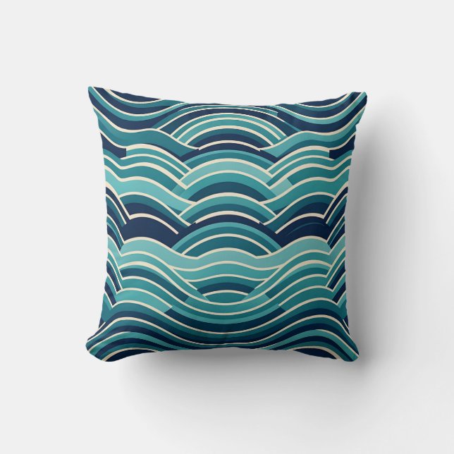 Teal Navy Geometric Ocean Waves Repeating Pattern Cushion (Front)