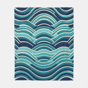 Teal Navy Geometric Ocean Waves Repeating Pattern Fleece Blanket