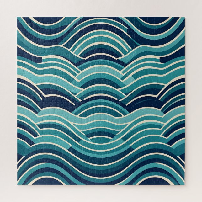 Teal Navy Geometric Ocean Waves Repeating Pattern Jigsaw Puzzle (Vertical)