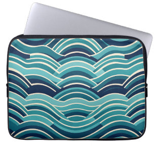 Teal Navy Geometric Ocean Waves Repeating Pattern Laptop Sleeve