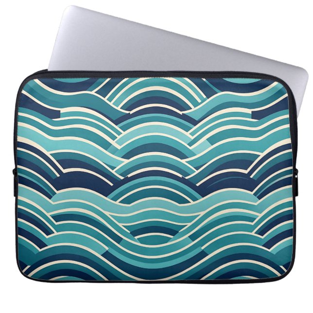 Teal Navy Geometric Ocean Waves Repeating Pattern Laptop Sleeve (Front)