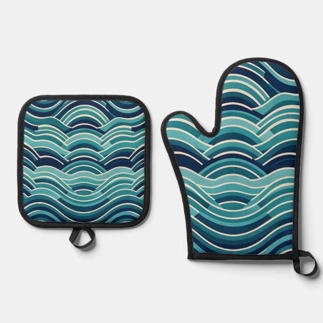 Teal Navy Geometric Ocean Waves Repeating Pattern Oven Mitt & Pot Holder Set (Front)
