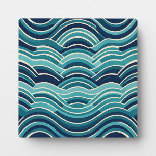 Teal Navy Geometric Ocean Waves Repeating Pattern Plaque
