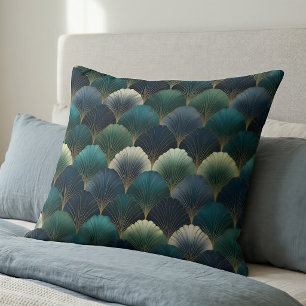 Teal Navy Gold Art Deco Fan Pattern Cushion