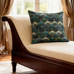 Teal Navy Gold Art Deco Fan Pattern Cushion