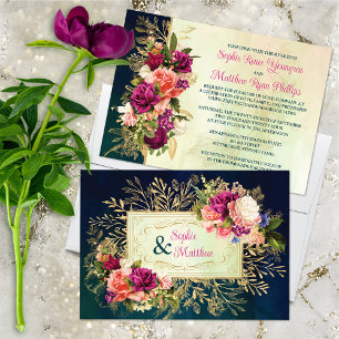 Teal, Navy, Green, Gold Bold Florals Wedding Invitation