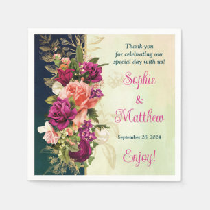 Teal, Navy, Green, Gold Bold Florals Wedding Napkin