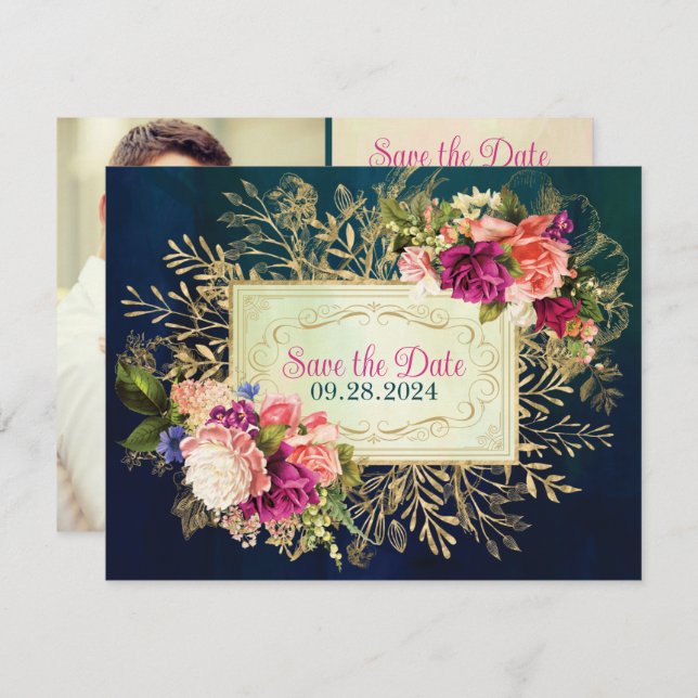 Teal, Navy, Green, Gold Floral PHOTO Save the Date (Front/Back)