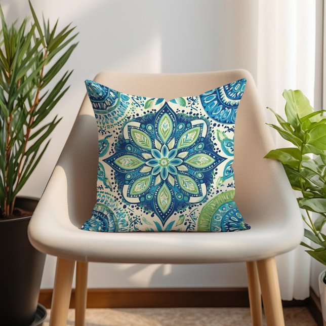 Teal Navy Lime Mandela Boho Cushion (Teal Navy Lime Mandela Boho Throw Pillow)