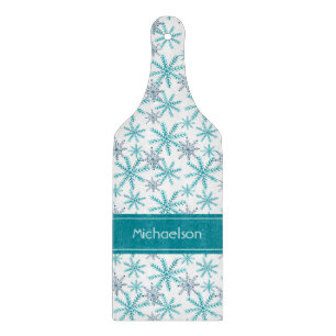Teal Navy Snowflake Pattern Personalised Cutting Board