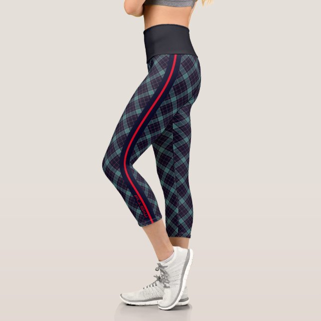 Teal Navy Sporty Plaid Pattern Tartan Sport Name Capri Leggings (Left)