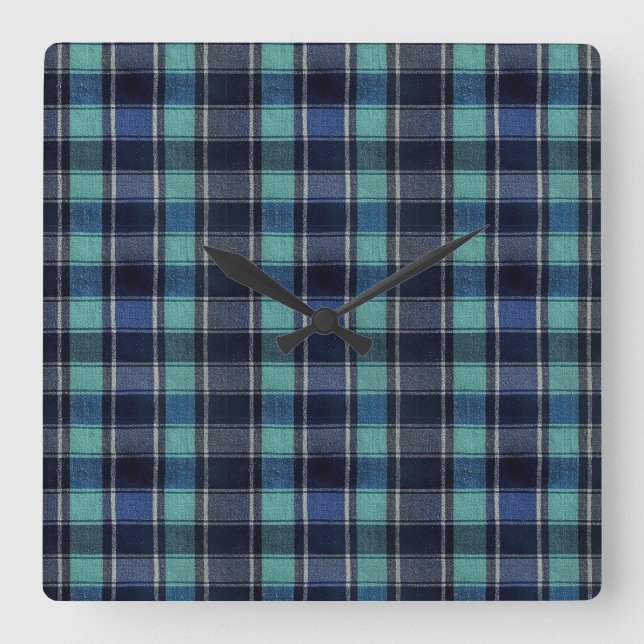 Teal & Navy Tartan Plaid Round Wall Clock (Front)