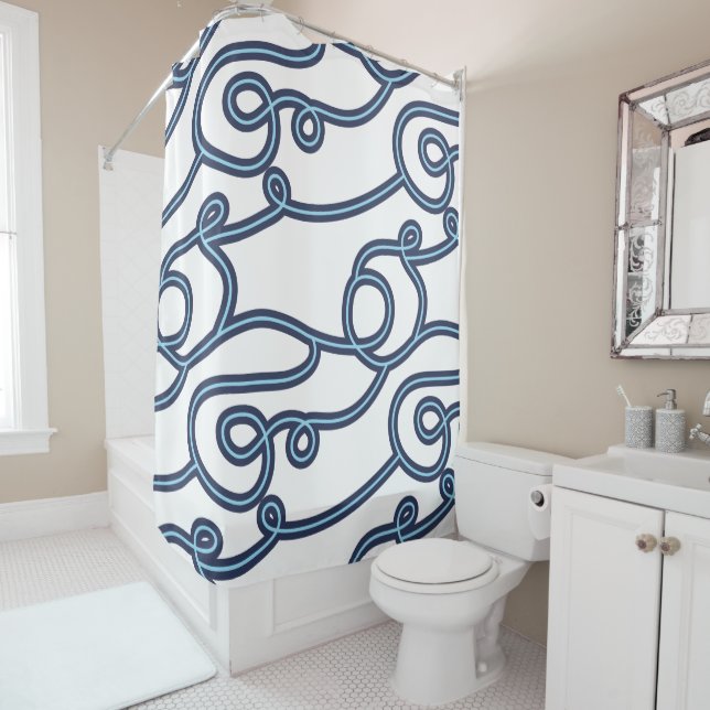 Teal, Navy & White Beach Theme Shower Curtain (In Situ)