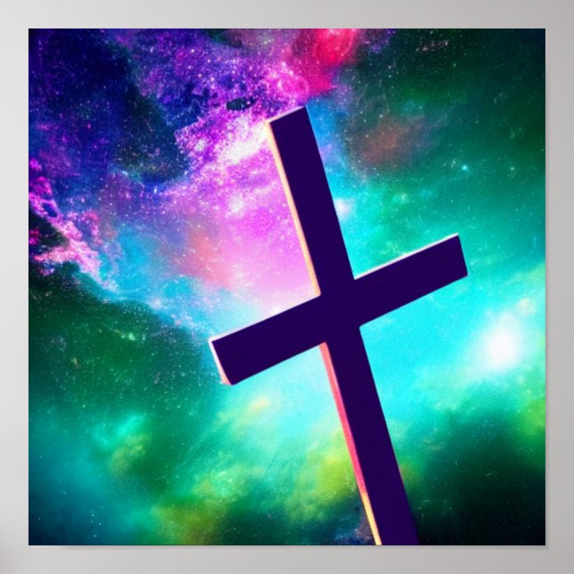 Teal Nebula with Cross Spacescape Poster (Front)