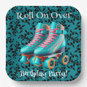 Teal Neon Rollerskate Birthday Party Paper Plate