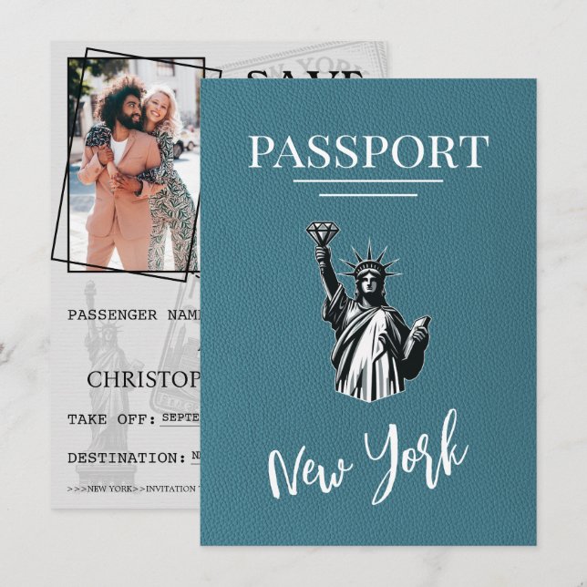 Teal New York City Passport Save The Date (Front/Back)