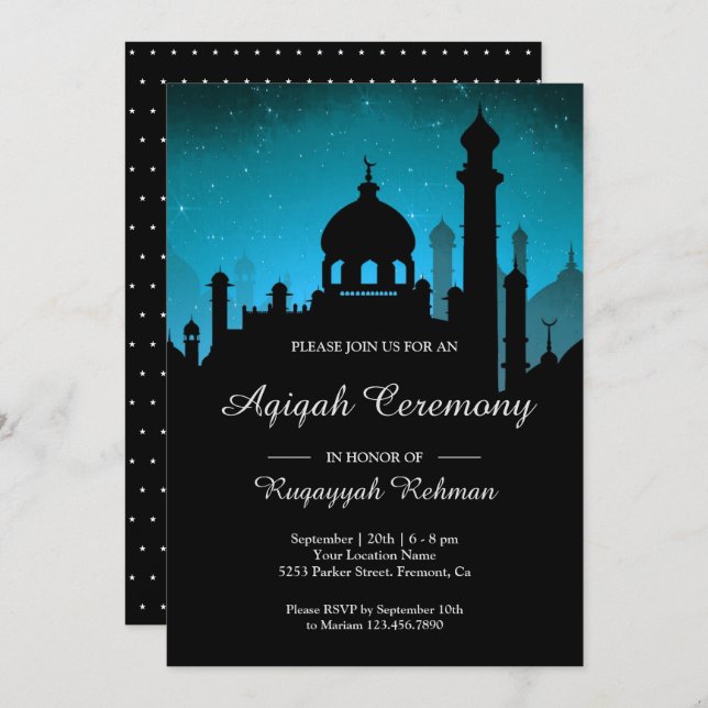 Teal Night Sky Arabian Nights Aqiqah Invitation (Front/Back)