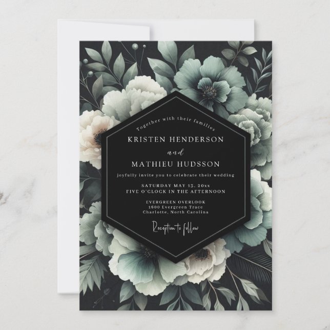 Teal Noir Floral Wedding Invitation (Front)
