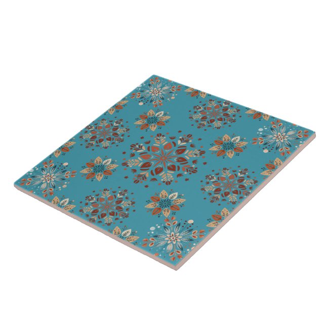 Teal Nordic Snowflake pattern Ceramic Tile (Side)