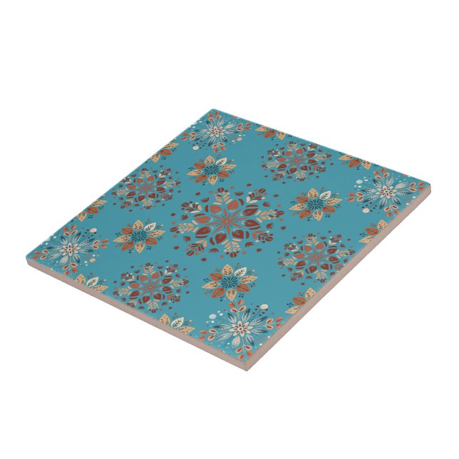 Teal Nordic Snowflake pattern Ceramic Tile (Side)