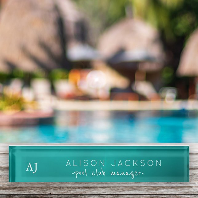 Teal ocean blue pool club manger name monogram nameplate (Creator Uploaded)