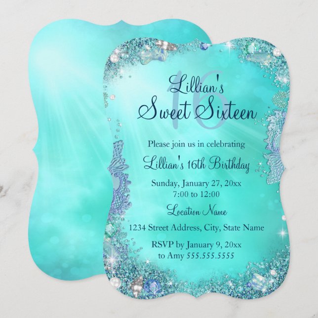 Teal Ocean Jewel Sweet 16 Birthday Invite (Front/Back)