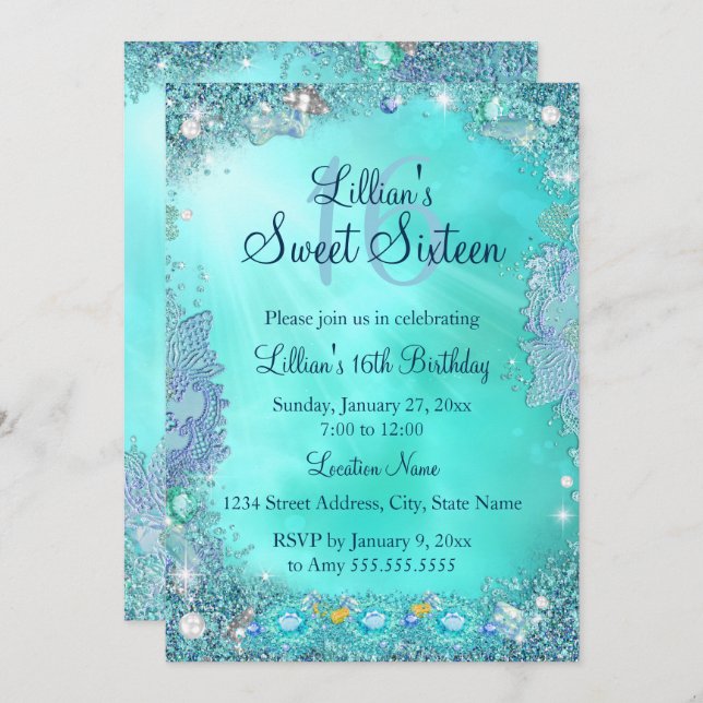 Teal Ocean Jewel Sweet 16 Birthday Party 2 Invitation (Front/Back)