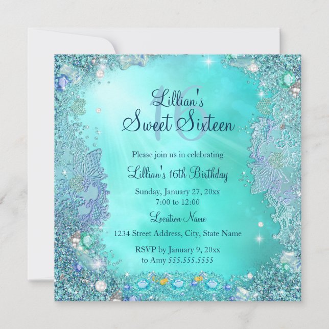 Teal Ocean Jewel Sweet 16 Birthday Party 2 Invitation (Front)