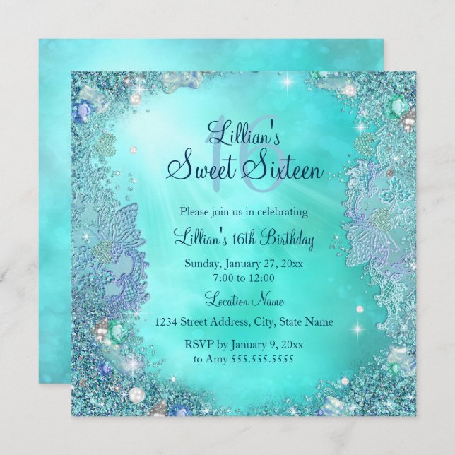 Teal Ocean Jewel Sweet 16 Birthday Party Invitation (Front/Back)