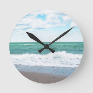 Teal Ocean, Sandy Beach Round Clock