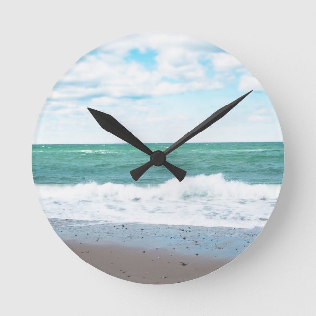 Teal Ocean, Sandy Beach Round Clock (Front)