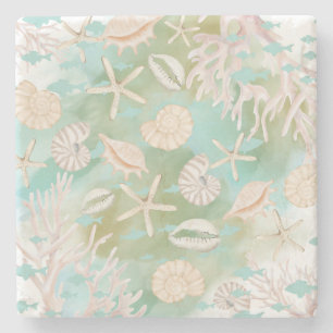 Teal Ocean Seashells Beachy Pattern Stone Coaster