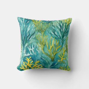 Teal Ocean Seaweed Coral Beachy Nautical Cushion