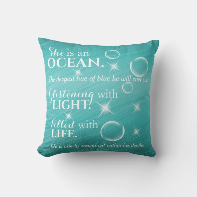 Teal Ocean Themed Poem With White Typography Cushion (Front)