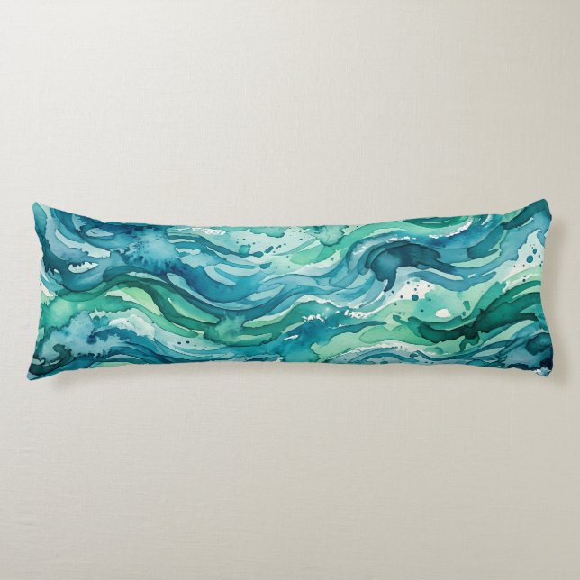 Teal Ocean Watercolor Abstract Pattern Body Cushion (Front)