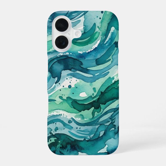 Teal Ocean Watercolor Abstract Pattern iPhone 16 Case (Back)