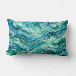 Teal Ocean Watercolor Abstract Pattern Lumbar Cushion
