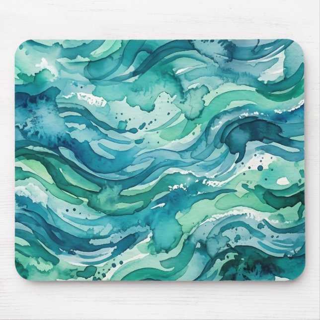 Teal Ocean Watercolor Abstract Pattern Mouse Pad (Front)