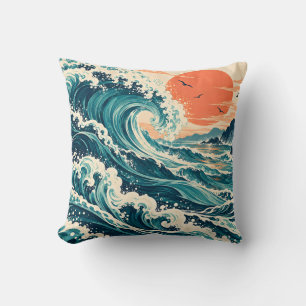 Teal Ocean Waves Coral Sun Cushion